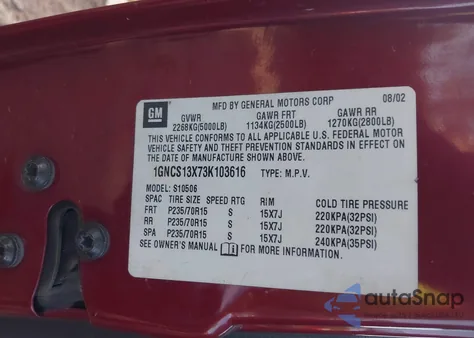 2003 Chevrolet Blazer Ls из США, поврежденный, VIN 1GNCS13X73K103616